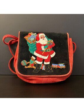J. Renee Santa Embroidered Black & Red Crossbody Bag Purse Fold Over Flap